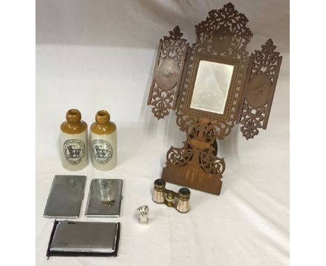 A miscellaneous lot to include two Wrexham's fermented stone ginger beer bottles, three cigarette cases one by Kincraft of Wa