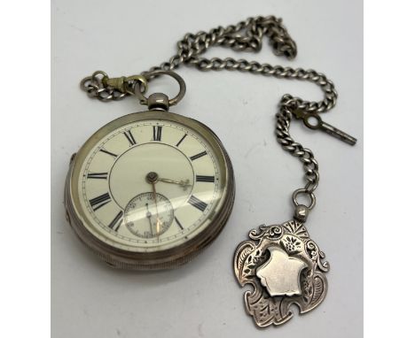 A silver pocket watch, chain and fob, Chester 1897, case by Jesse Hallam. Total weight 214gm. 