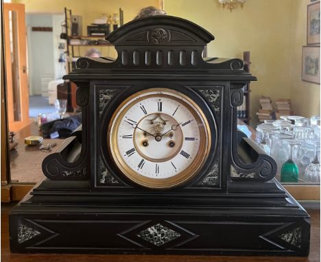 Black slate and marble mantle clock with visible brocot movement40h x 50w x 17cm d. 