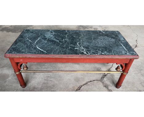 Unusual wooden, brass and marble coffee table with wooden hanging bells. 93w x 43d x 40cm. By Douglas Brickwood, Specialist A