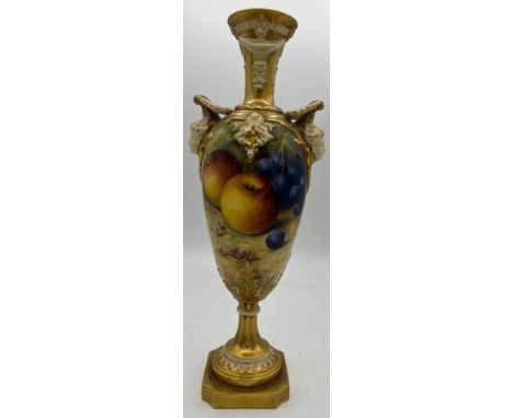 Royal Worcester fruit painted vase signed R. Sebright, height 28cm. Puce mark to base.