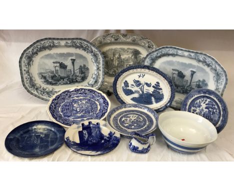 Blue and white ceramics to include 2 x Copeland meat plates 46 x 35cm, 1 x 'Rhine' meat plate with impressed crown mark 47 x 