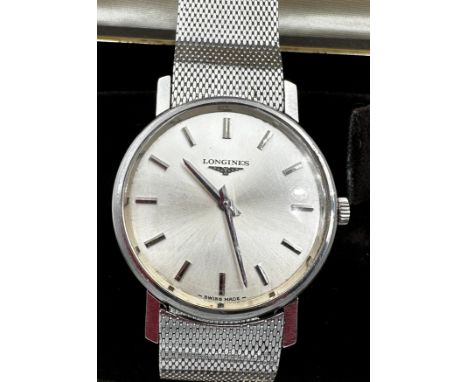 A vintage gentleman's Longines wristwatch, stainless steel case on Longines stainless steel strap. Stamped to back 17 511255.