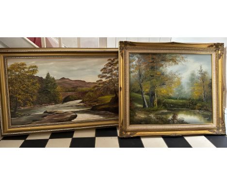 Six pictures of Woodland, water and rural scenes to include Falls of Dochart, Roberta F Carron 44 x 74cm, J Rhodes, Summer Ev