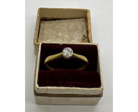 Solitaire diamond ring set in yellow metal, marks rubbed. Weight 1.5gm. Size K. 