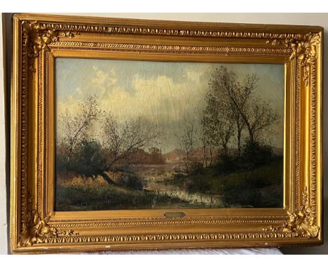 S. K. George 19thC large oil on canvas of rural scene. Signed lower left S K Georg ?. Plaque to front engraved 'S.K. George' 