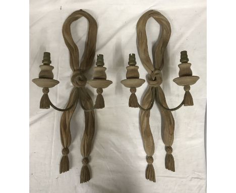 Pair of carved ornate wooden wall sconces in a ribbon design with tassels (see image) 54cm h x 21cm w by Douglas Brickwood, S