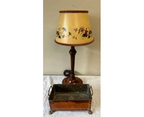 A vintage wooden table lamp with reeded column and a hand painted shade, 59cm h to top of shade, together with a copper plant