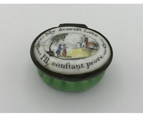 An 18thC enamel patch box written to top 'My dearest Love I'll constant prove' 4cm w. 