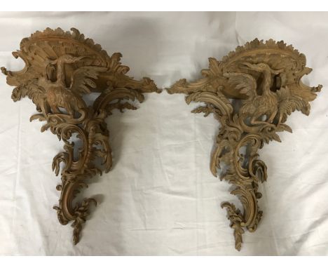 Pair of ornate wooden carved shelves depicting birds measuring 46cm h x 44cm w by Douglas Brickwood, Specialist Architectural