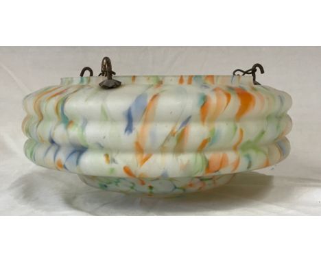 An early 20th Century Art Deco 1930's glass ceiling hanging light lamp shade. Mottled finish with white ground having faux ma