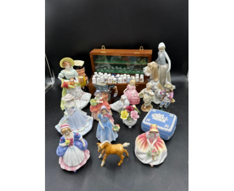 A quantity of ceramic figures to include Royal Doulton x 6, Lady Jane 1997, Monica HN 3617, Valerie HN 3620, Wendy HN 2109, R