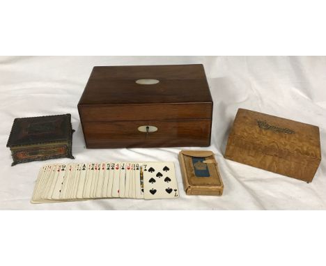 A selection of boxes to include a Rosewood box with mother of pearl inlay to escutcheon and top 10.5cm h x 25cm w x 17.5 d, a