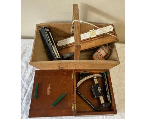 Various vintage tools to include Clinometer, slide rule, Otis Kings calculator, ink bottle etc.