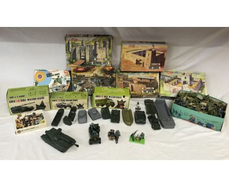 A collection of army toys to include three pieces of Britains: German Kubelwagen Scout Car, German BMW and Mortar along with 
