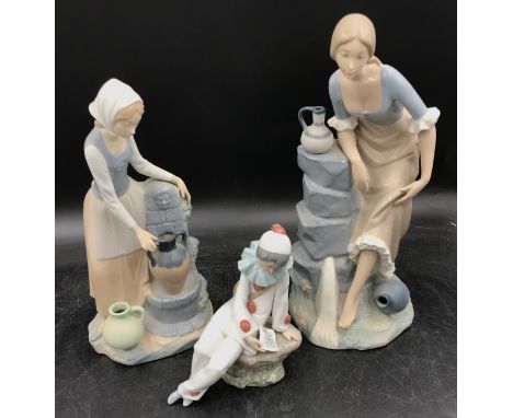 Three Nao figurines to include a "Pierrot", "Girl from the Fountain" 34cm h and "Girl at the Fountain". 