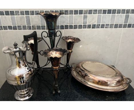 Silver plate to include entrée dish, jug and epergne 33cm h. 