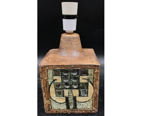 A Troika pottery table lamp by Alison Brigden initialled Cornwall A B to base moulded with geometric shapes in blues, greens 