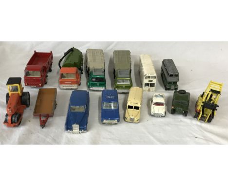 A collection of Dinky toy cars and trucks to include a Ford D 800, 2x Bedford Refuse Wagons, Daimler, Johnston road sweeper, 