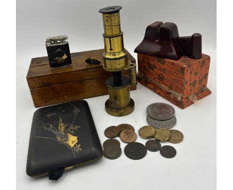 A miscellany to include an Oriental yellow and white metal inlaid cigarette case with matching lighter and clip, a boxed micr