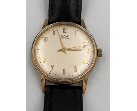 An Astral 9ct gold cased automatic wristwatch with black leather strap.Good condition, winds and runs, marks and wear to leat