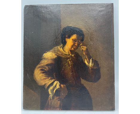 A 19thC oil on board genre portrait of a lady with a pince nez. 24 x 20.5cm. 