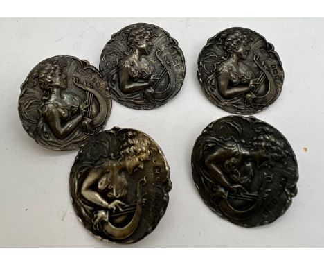 Five hallmarked silver buttons, depicting a female playing a harp, Birmingham 1901, maker Henry Clifford Davis. 2cm d. 