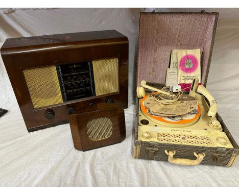 A Regentone Handy-Gram record player along with a Bush radio speaker and a Richard Allan Bonnie Bafflette. 