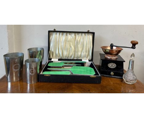 A miscellany to include a cast iron and copper A. Kenrick &amp; Sons coffee grinder, silver collared perfume bottle, three Ma