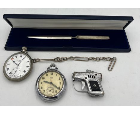 A miscellany to include Rookie novelty lighter, Smiths Empire pocket watch, Kays pocket watch and silver chain and a silver h