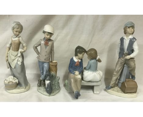 A collection of four figurines by Nao to include "First Love", "Shoe Shine boy" 25cm h, "Laundry Girl" and "Boy with Dog". 