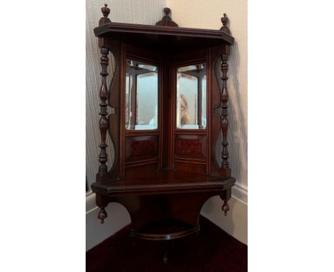 An Edwardian mahogany inlaid corner cupboard shelf with mirrors to back. 82 h x 38cm w. 