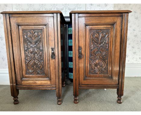 A pair of Edwardian bedside cupboards, each with a single door and one shelf to the interior. 81 h x 49 w x 43cm d. 