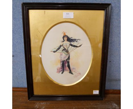 French School, an Art Nouveau portrait of a showgirl, watercolour, framed 