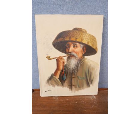 An oriental portrait of a man with opium pipe, oil on canvas, indistinctly signed, unframed 