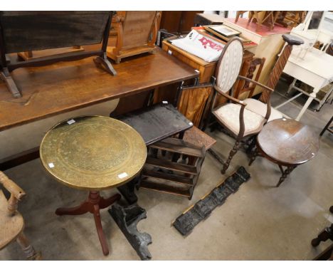 A brass topped occasional table, hanging shelf, side table, etc. 