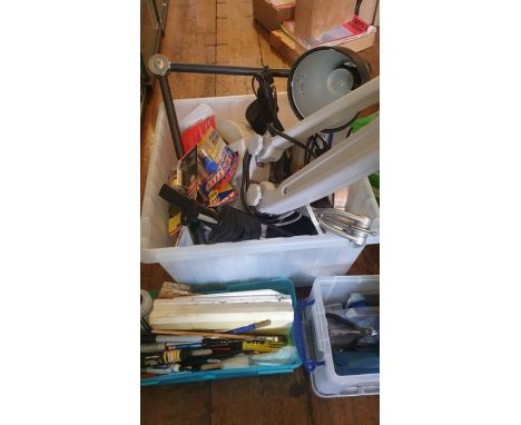 A box of model making tools, lamps glues etc, with 3 rolls of artificial grass.
