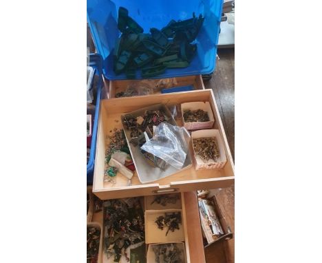 7 boxes of mixed figures including plastic boats accessories tools etc
