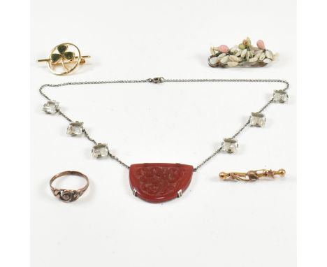 A collection of costume jewellery. The lot to include a silver Art Nouveau style gem set pendant necklace, unmarked however s