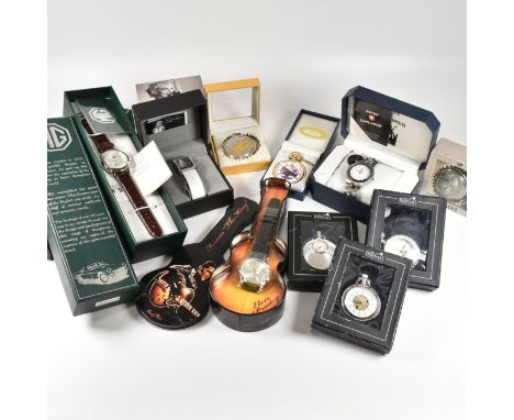 A collection of boxed watches and pocket watches. The lot to include approximately eleven watches. To include a cased Swiss E