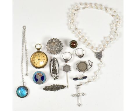 A collection of silver jewellery including a Meltis fob watch. The lot to include an engine turned design Meltis fob watch. A