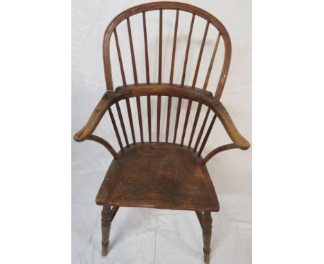 19th century elm and oak comb back Windsor chair with scrolled arms and a turned stretcher (height 105cm width 58cm depth 50c