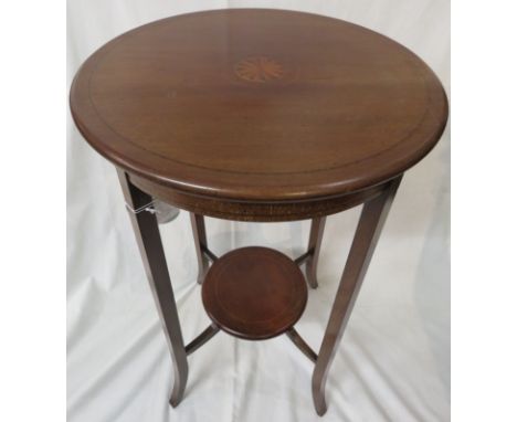 Late Victorian/Edwardian mahogany two-tier circular plant stand with ebony and boxwood stringing, compass inlay to the top, o