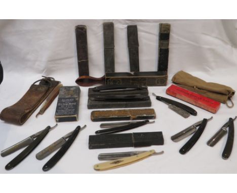 An assortment of vintage straight razors - including Durham Duplex Razor No. 100 (boxed), two Clark Chester (boxed), T R Cadm