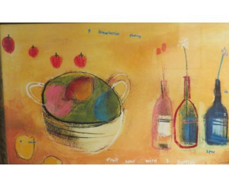 After Emma Davis, limited edition lithograph, "4 strawberries floating in space a lemon fruit bowl with three bottles", (53cm