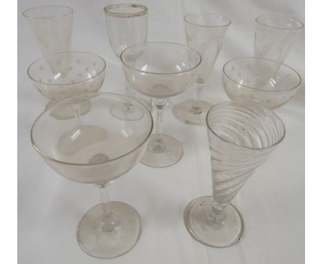 Nine various stemmed champagne and wine glasses including a 12cm high 19th century spiral turned liqueur glass