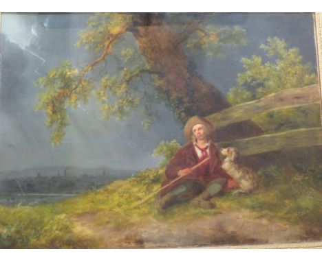 Man and dog sheltering in lightning storm, oil on canvas, (34cm x 60cm), partially distinct signature and date lower right, p