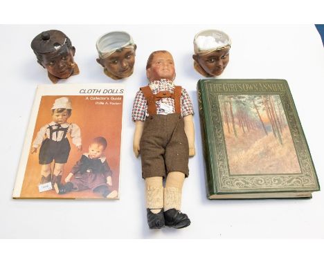Antique 1930s Cloth painted head&nbsp; German boy doll with later clothes , a Girls Own annual 1917 fine original and a group