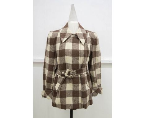 A green circa 1940's wool green jacket from 1941, swing jacket with button detail down the back; a brown/cream check jacket w