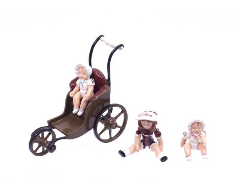 Hantel painted Pewter miniatures 1982 first issue Scotland;&nbsp;Dolls carriage pram Vm14 and 2 babies VM05 and a Victorian d